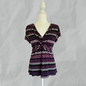 New Directions Women's Rushed Top Colorful Pullover Blouse Tie Back Size  PXL